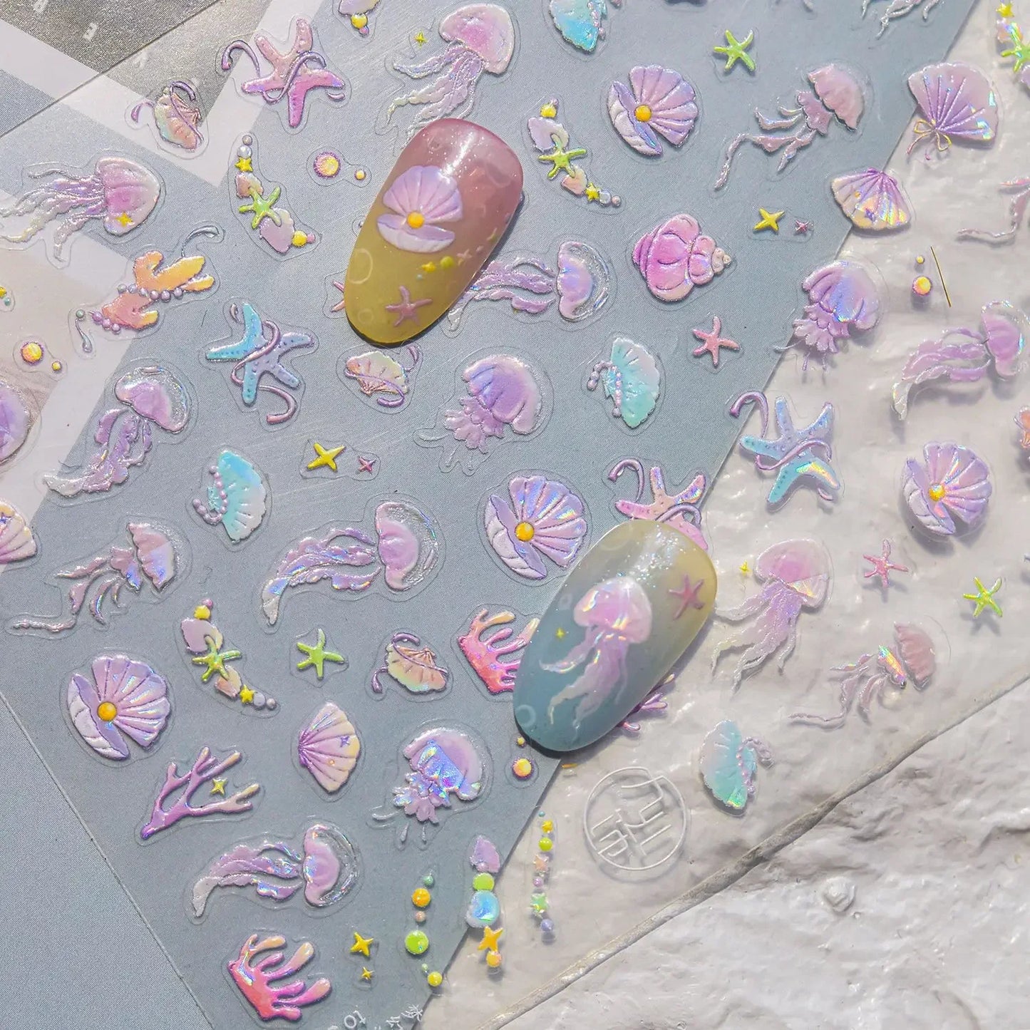 Ocean Theme 5D Nail Sticker Summer Beach Seashells Starfish Conch Scallop Shell Coral Self Adhesive Decoration Manicure Decal