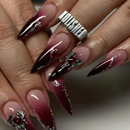 24Pc False Nails with Glue Almond Black Red Gradient Design Detachable Rhinestone Acrylic Fake Nail Long Stiletto Press on Nails.