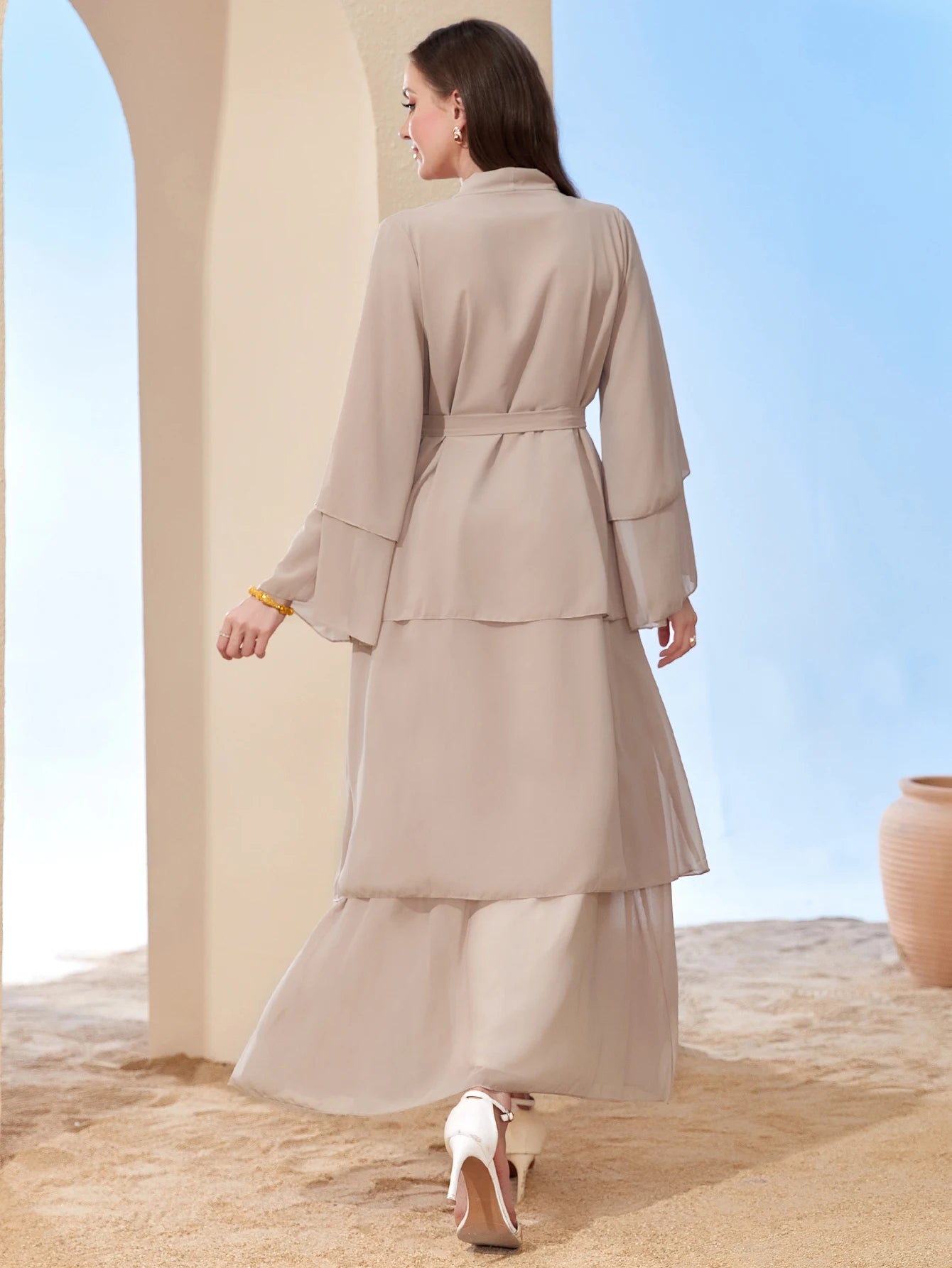 Ramadan kebaya Layered Open Front Abaya, Long Sleeve Dress With Belted , Without Hijab, Women's Clothing.