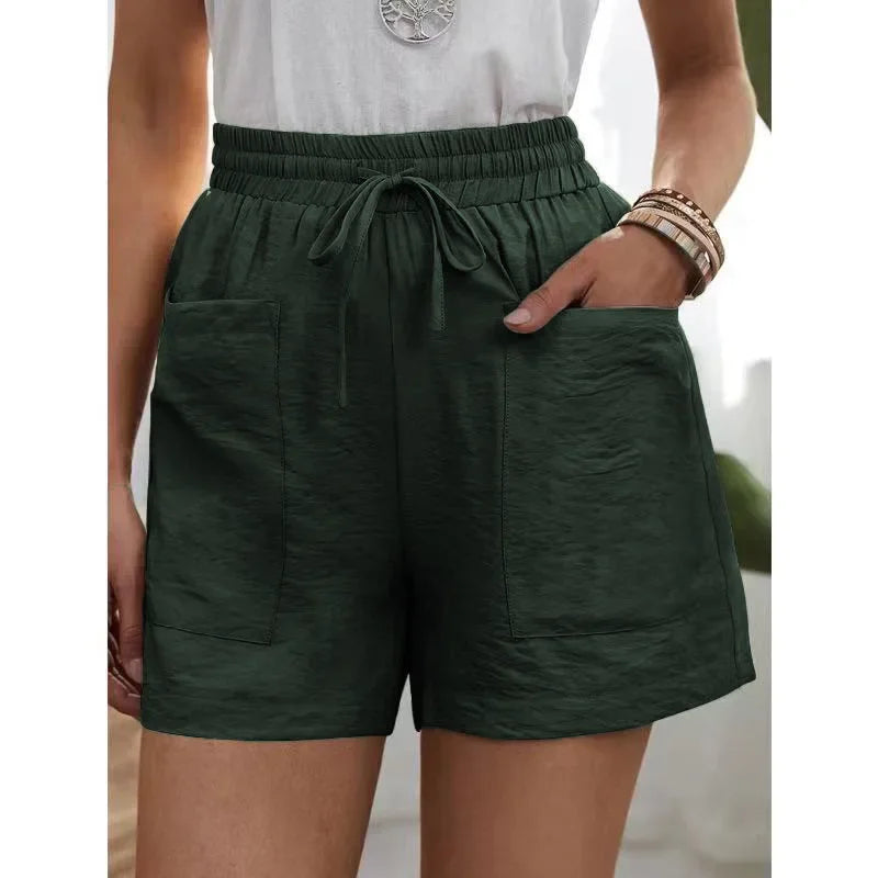 Women's High-waisted Loose-fit Solid Color Casual Shorts Pocket Bell Bottoms.