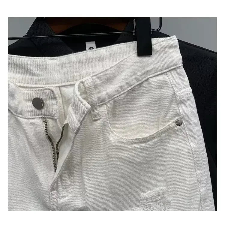 New Men's Denim Shorts Trendy Solid Color Ripped Slim Fit High Waist Elastic Waist Breathable Quick Dry Cotton Pants.