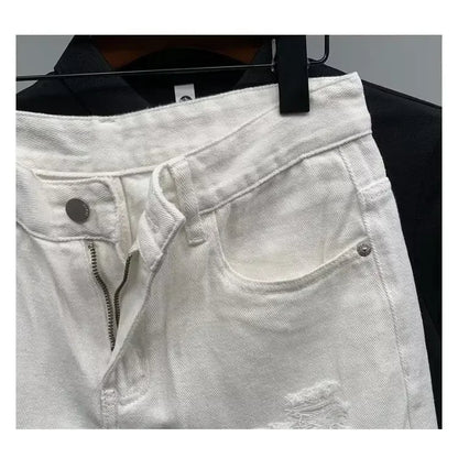 New Men's Denim Shorts Trendy Solid Color Ripped Slim Fit High Waist Elastic Waist Breathable Quick Dry Cotton Pants.