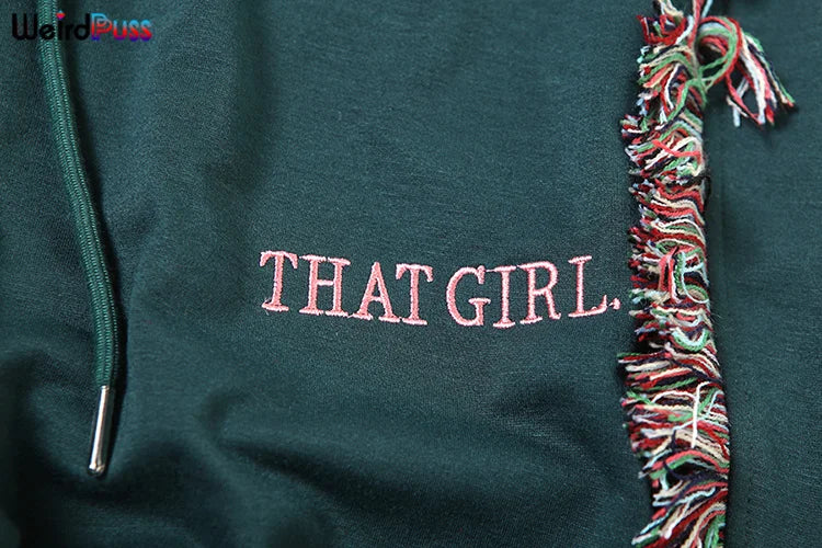 Weird Puss Casual Sporty 2 Piece Set Women Letter Embroidery Crop Tops+Side Tassel Straight Pants Matching Streetwear Tracksuits