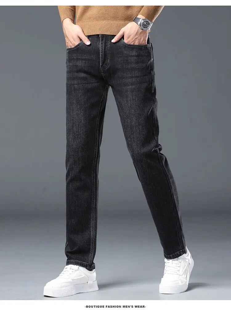 2025 New Stretch Jeans Men's Regular Classic Business Slim Trousers Black Blue Straight Male Y2K Brand Clothing Pants Size 29-40.
