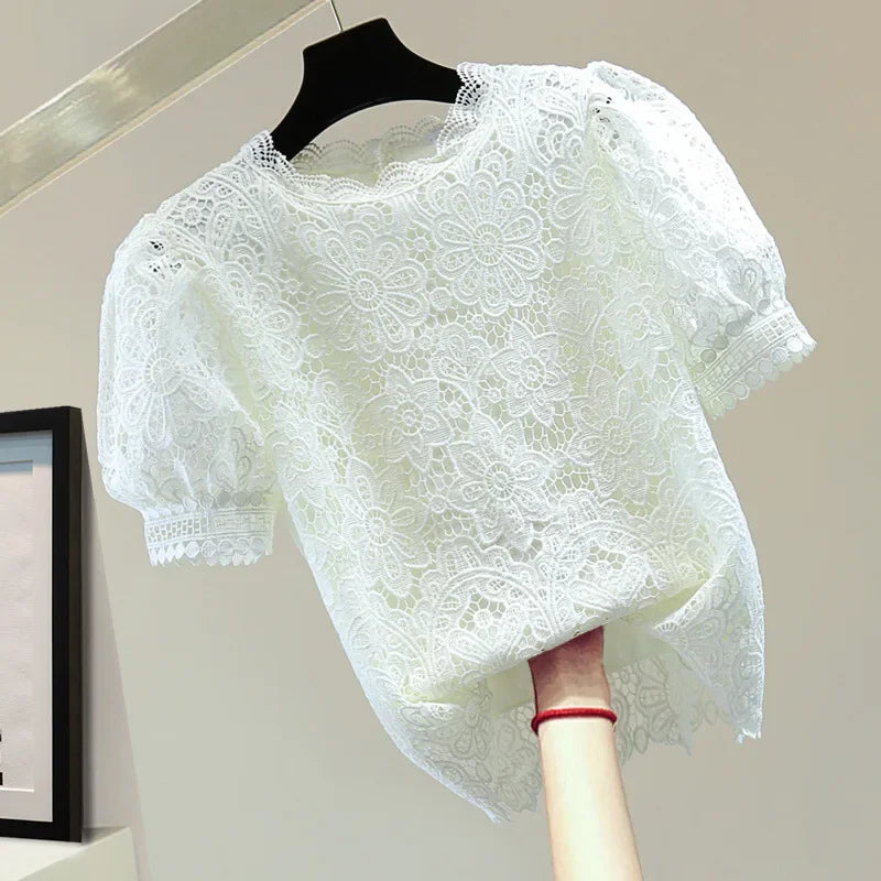 Loose Straight Korean Style Summer Top Pure Color Hooked Hollow out Ladies Lace Shirt Overhead Bubble Sleeve Women's Fashion.