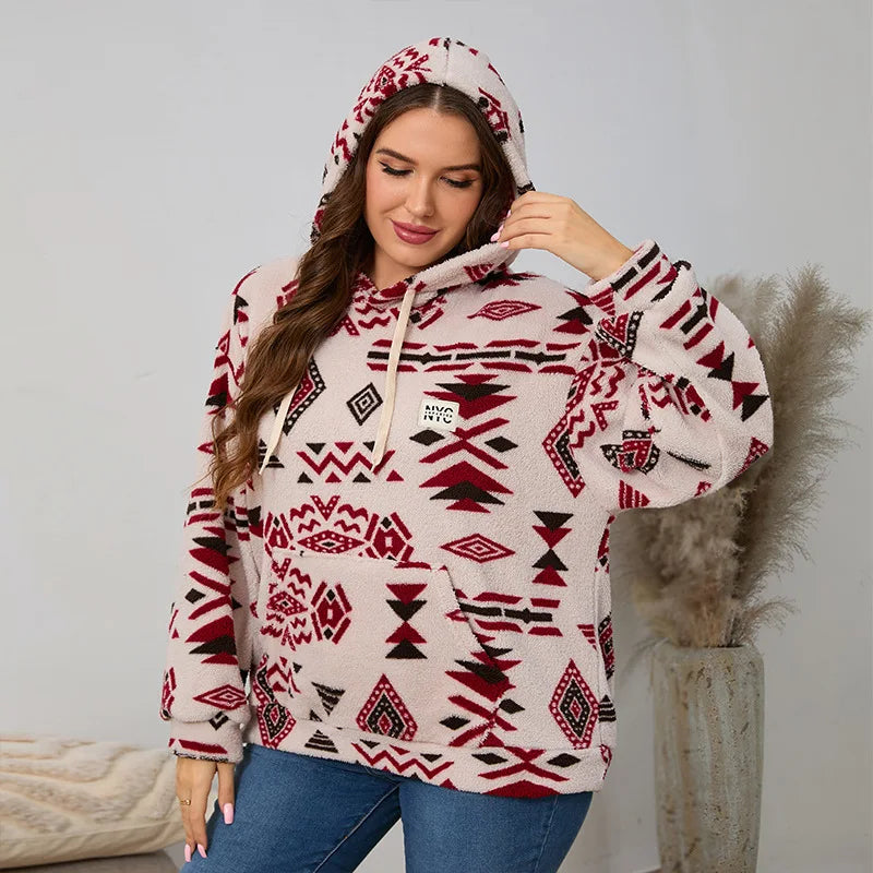 Kapuzenpullover für Damen, große Größe, Reißverschluss-Sweatshirts, ethnischer Druck, flauschiger Streetwear-Pullover, Herbst-Winter-Rollkragenpullover