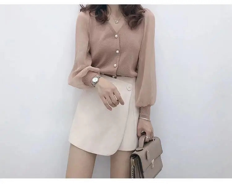 clothe Women's Spring Autumn Style Chiffon Blouses Shirt Women's Knitted Button Long Sleeve Solid Color Lace Patchwork Tops.