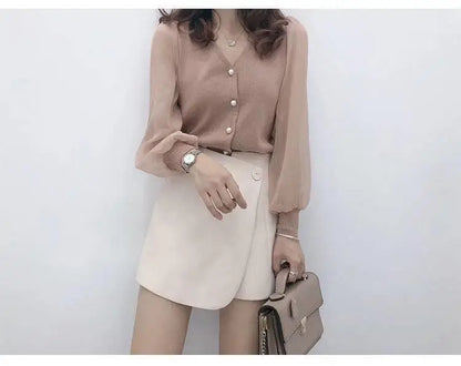clothe Women's Spring Autumn Style Chiffon Blouses Shirt Women's Knitted Button Long Sleeve Solid Color Lace Patchwork Tops.