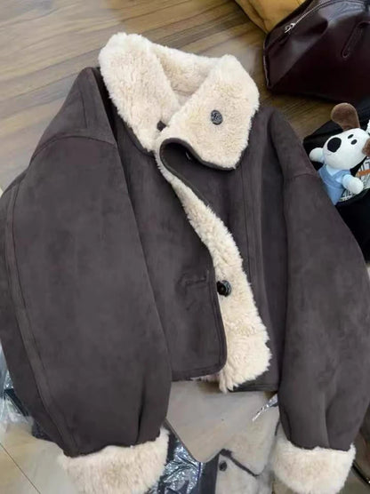 Dicke Lamm Warme Jacke für Frauen Winter Mode Doppelseitige Tragen Warme Pelz Mäntel Bf Koreanische Lose Einreiher Revers outwear