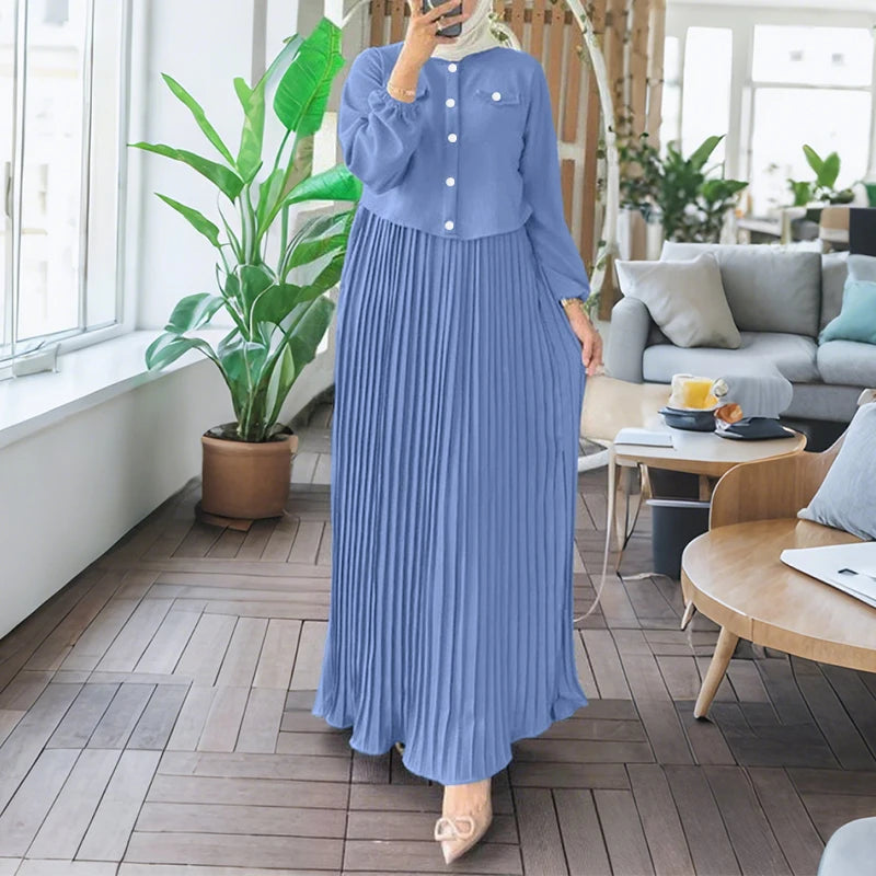 2025 ZANZEA Autumn Maxi Long Dress Women Elegant Long Sleeve Solid Pleated Sundress Patchwork Dresses Muslim Abaya Robe Femme.