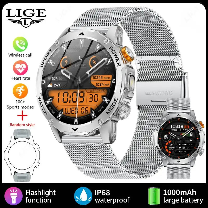 LIGE 2025 New 1000mah Smart Watch Men AMOLED HD Display Sport Fitness LED Flashlight Bluetooth Call Smartwatch For HUAWEI XIAOMI