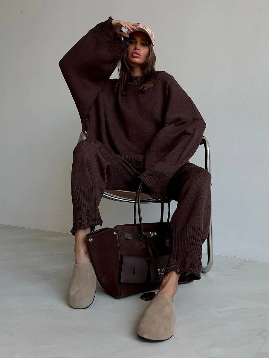 Bornladies Autumn Winter Women's New Turtleneck Knit Sweater Skinny Knit Pants Set Soft Oversized Ripped Hem Fashion Pullover