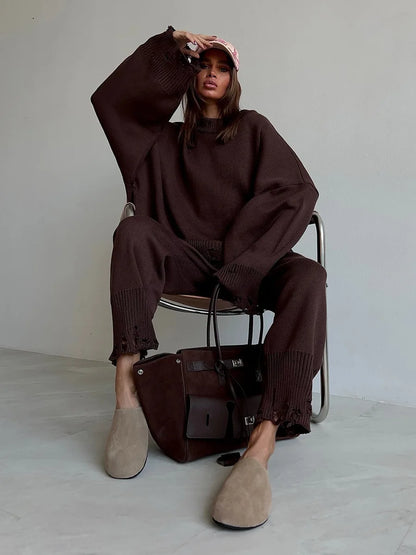 Bornladies Autumn Winter Women's New Turtleneck Knit Sweater Skinny Knit Pants Set Soft Oversized Ripped Hem Fashion Pullover