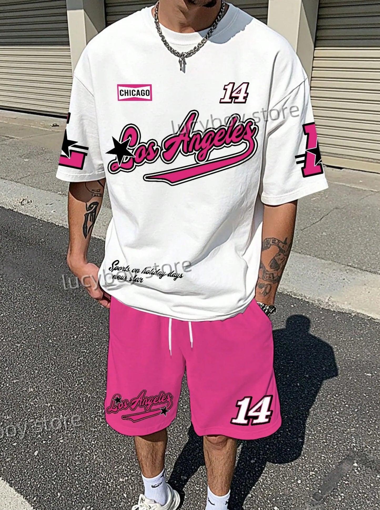 LOSANGLES NO.23 Print Men'S Summer Casual Short Sleeve T-Shirt Shorts Set Adult Basketball JoggingOversized 2 Piece Set Clothes.