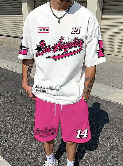 LOSANGLES NO.23 Print Men'S Summer Casual Short Sleeve T-Shirt Shorts Set Adult Basketball JoggingOversized 2 Piece Set Clothes.