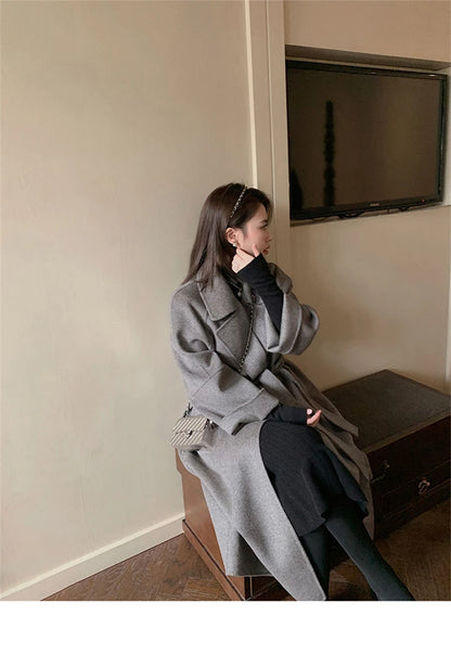 Mode Schwarz Lange Woolen Mantel Mit Gürtel Frauen Lose Revers Mantel Herbst Winter Warme Dame Oberbekleidung High Street