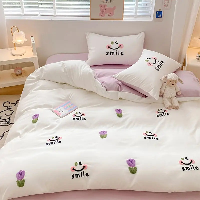 Ins Girly Heart Towel Embroidery Bedding Four-piece Set Soft Washed Cotton Bed Sheet Quilt Cover Three-piece Set