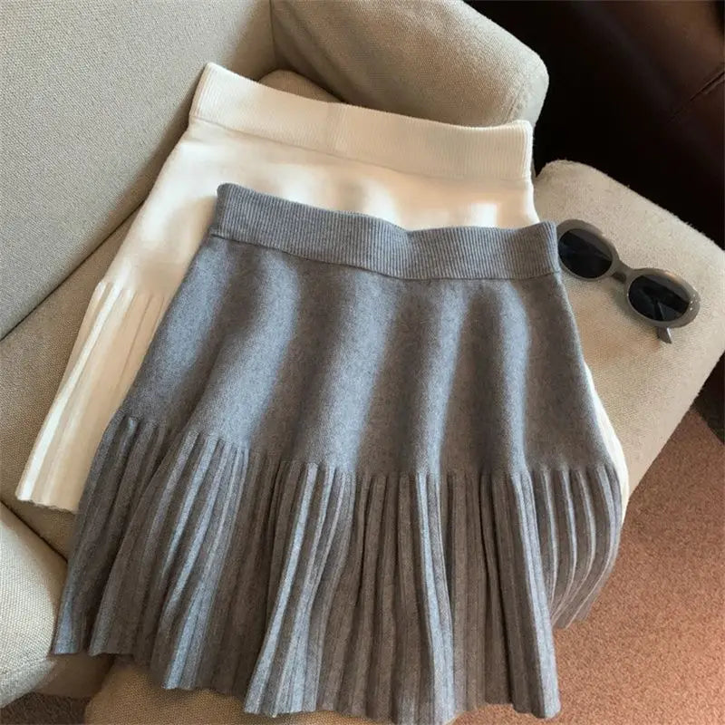 Pleated Mini Skirts Korean Sweet Knitted Skirts Sweet Elastic Waist Ladies Casual Youthful For Women's Clothes Solid Fashion New.