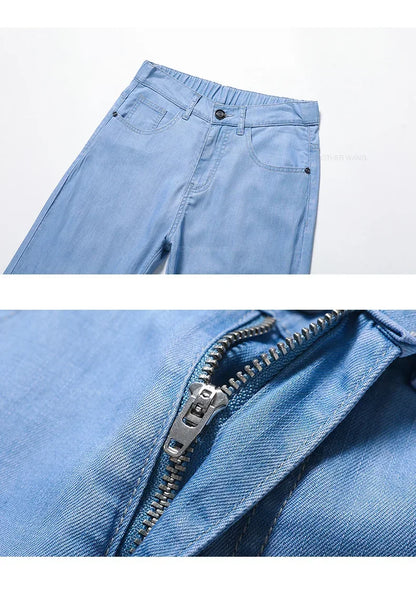 Summer Ultra Thin Men's Loose Jeans Lyocell Ice Silk Fashion Casual Business Denim Pants Straight Stretch Male Trousers