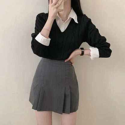 Mode Winter Gestrickte Pullover Frauen Casual V-ausschnitt Pullover Alle-spiel Weibliche Kleidung Lose Gefälschte Zwei Artikel Kurze Tops Jumper