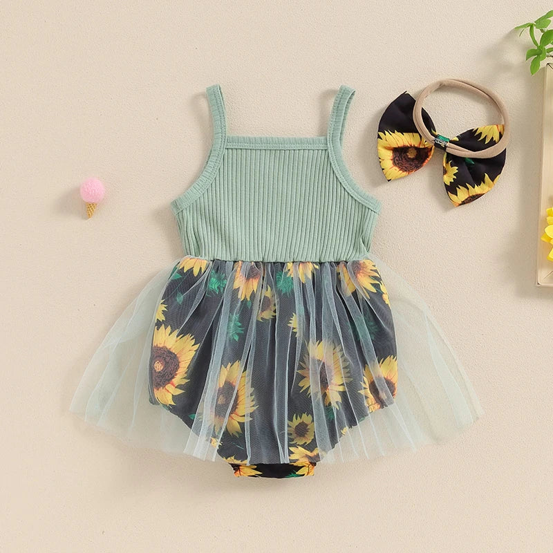 Baby Stram pler Kleid Sonnenblumen Print Spaghetti träger Tüll Rock Saum Baby Body suits Overall Sommerkleid ung mit Stirnband.