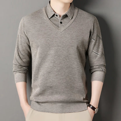 Men's Fleece Lining Sweater Autumn Winter Pullover Polo Shirt Collar Fake Two Piece Thick Warm Top Clothes Casual Knitwear.
