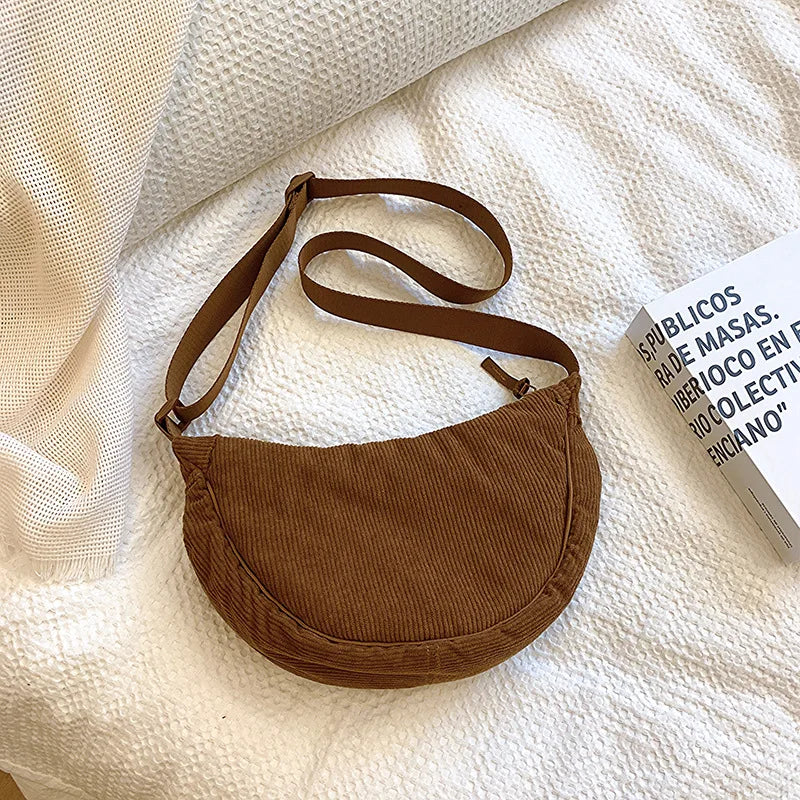 Solid Color Corduroy Women's Hobos Shoulder Bag Retro Casual Female Crossbody Bags Ladies Daily Travel Handbags Messenger Bag.