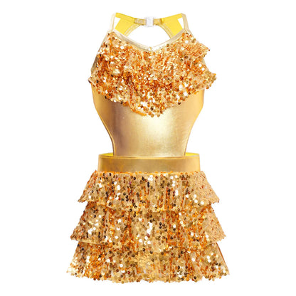 Kinder Mädchen Pailletten Jazz Ballett Tanzkleid Ärmellos Ausschnitt Tiered Rüschen Trikot Salsa Samba Rumba Skating Performance Kostüm
