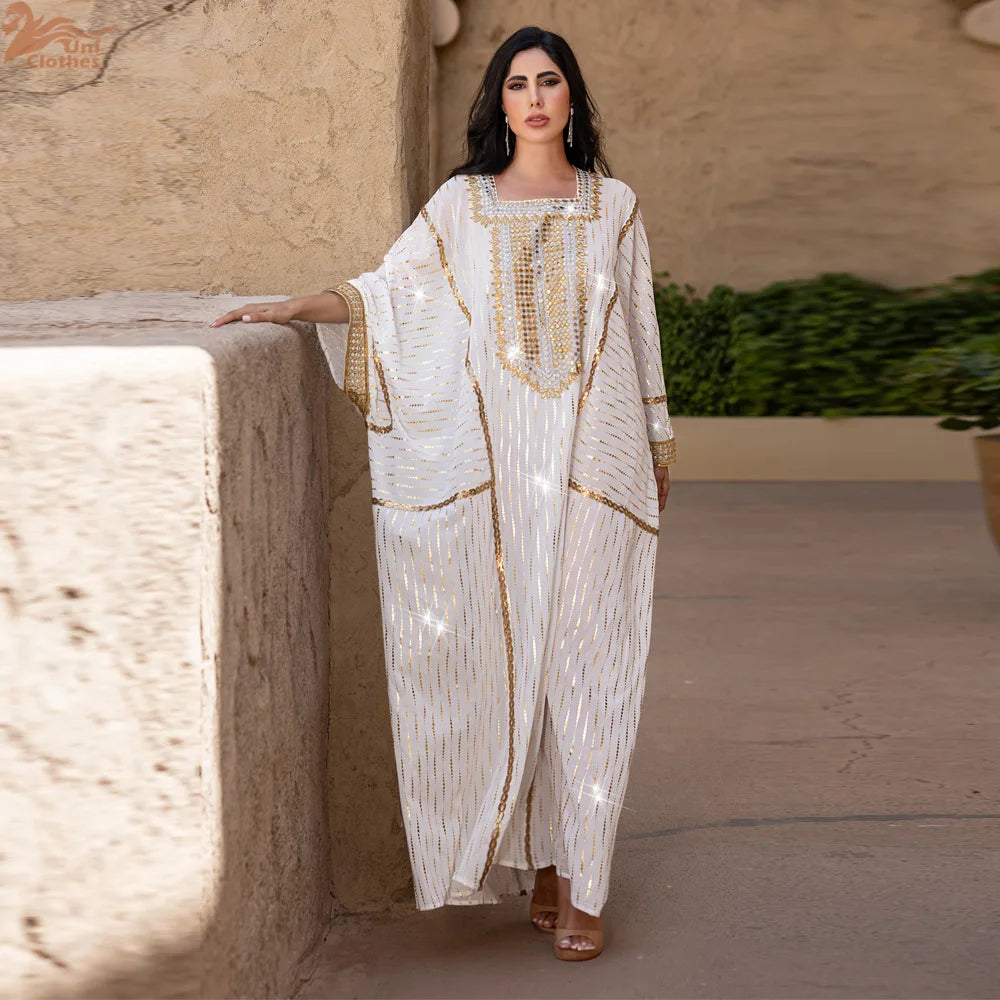 Women Muslim Hot Drill Long Dress Batwing Sleeve Abayas Dubai Loose Caftan Moroccan Kebaya Kaftan Turkey Islam Clothing Vestido.