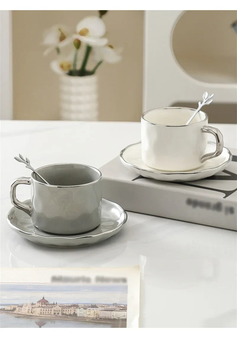 230ml European Style Coffee Cup with Saucer and spoon Ceramic mug Solid Color Tea Cup and Saucer Set Afternoon Tea Milk Cup.
