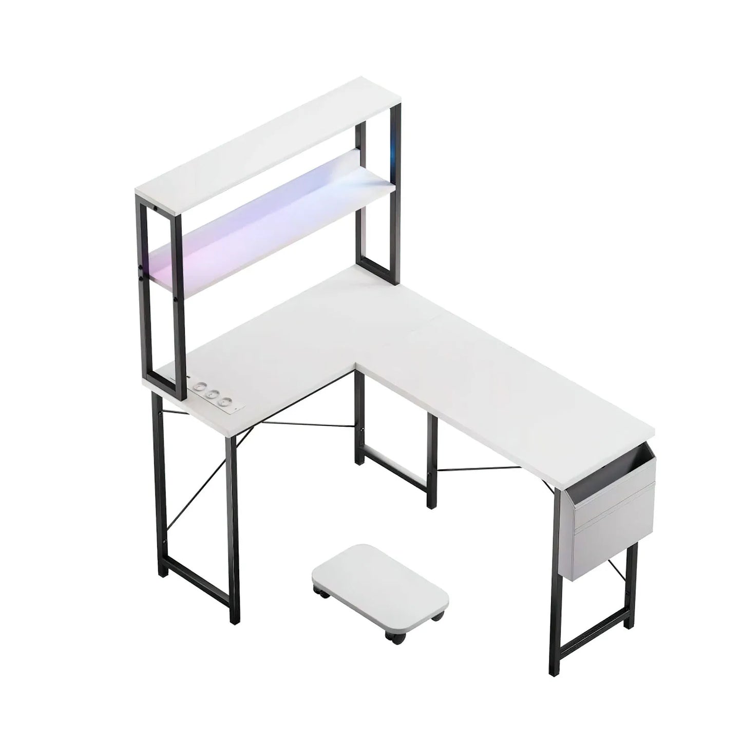 Weißer L-förmiger Schreibtisch mit LED Beleuchtung Doppelregal USB Steckdosen Gaming und Arbeitstisch