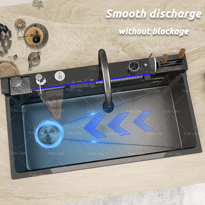 Stainless Steel Waterfall Kitchen Sink With Knife Holder Cup Wash Embossed Extra Large Single Sink Farmhouse Washbasin