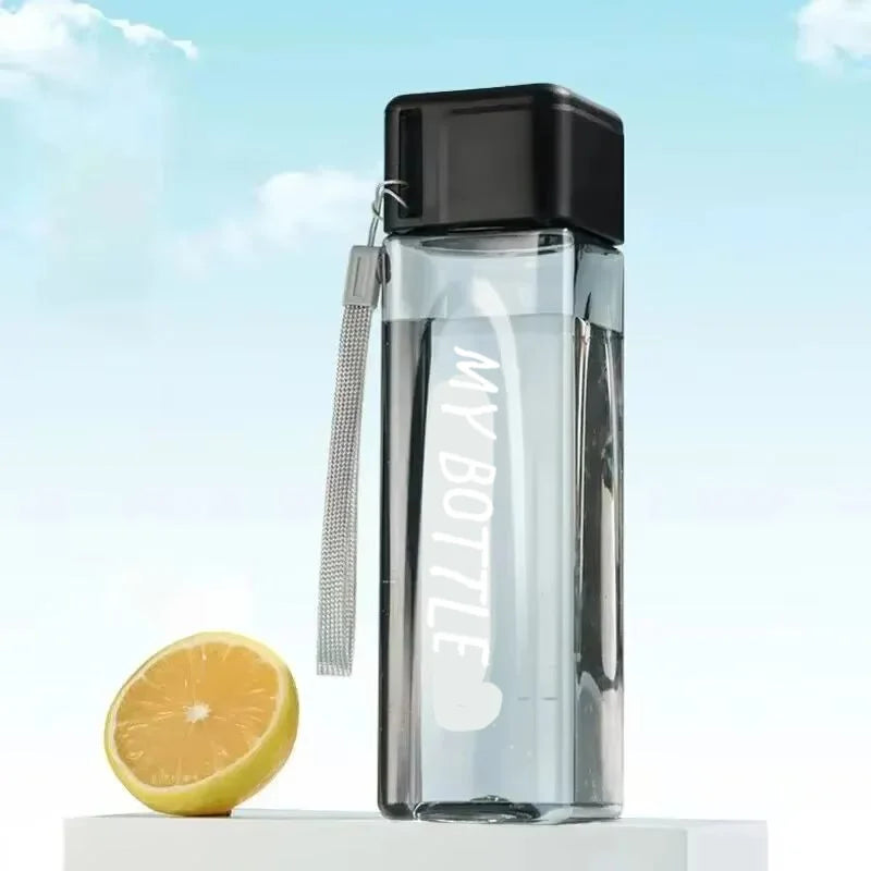 1 Pcs Clear Square Drinking Glass in Mate Plastic Portable Water Bottle with Milk Cable for Outdoor Sports.