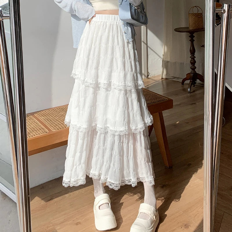 Sweet Lace Women Cake Puff Chiffon Skirts Summer Stylish Tierred Pleated Hem Solid Long Skirt Korean A-Line High Waist Skirts.