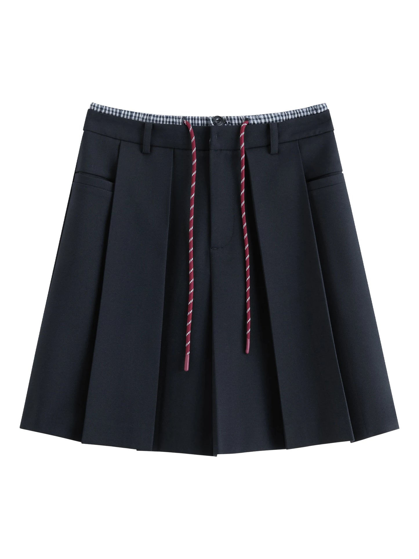 FSLE Double Waist Fake Two-piece Plaid Splicing Drawstring Skirt 2025 Autumn New Style Skirt 25FS13096.