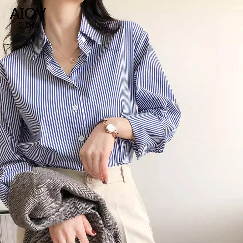 Classic Striped Woman Spring Autumn Blouses Shirt Lady Long Lantern Sleeve Stand Collar Loose Blusas Tops.
