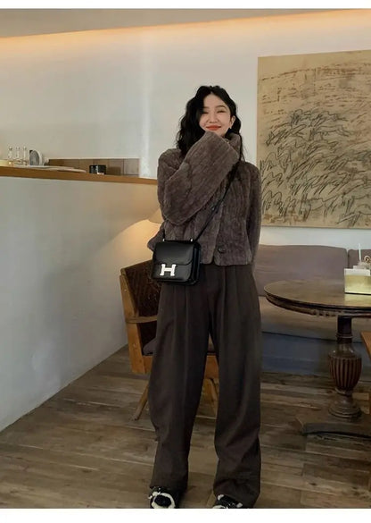 2025 Winter Fashion Stand Collar Warm Plush Short Jacket Women Autumn Retro Street Thickened Loose Harajuku Casual Short Jacket