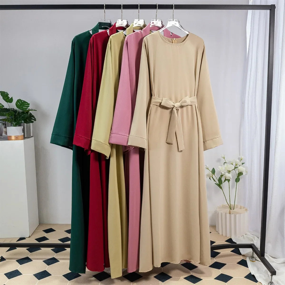 Muslim Abayas Long Maxi Prayer Dress Women Kaftans with Belt Full Sleeve Islamic Clothing Women Jilbabs Ramadan Dresses.