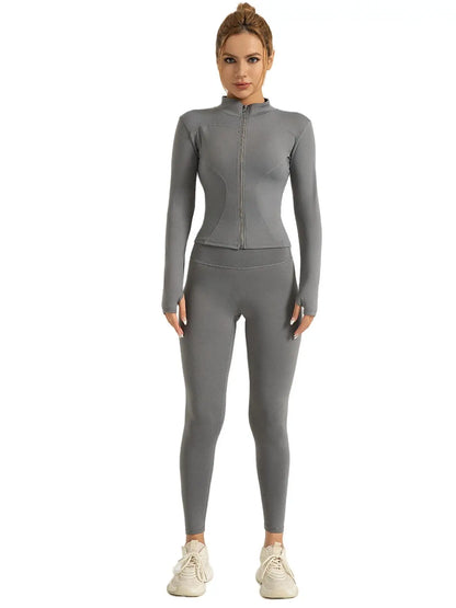 Fitfemme Two-piece Set Women's Solid Zip UpMock Neck Sports Jacket & HighWaist Leggings Set, SportyBreathable Quick Drying