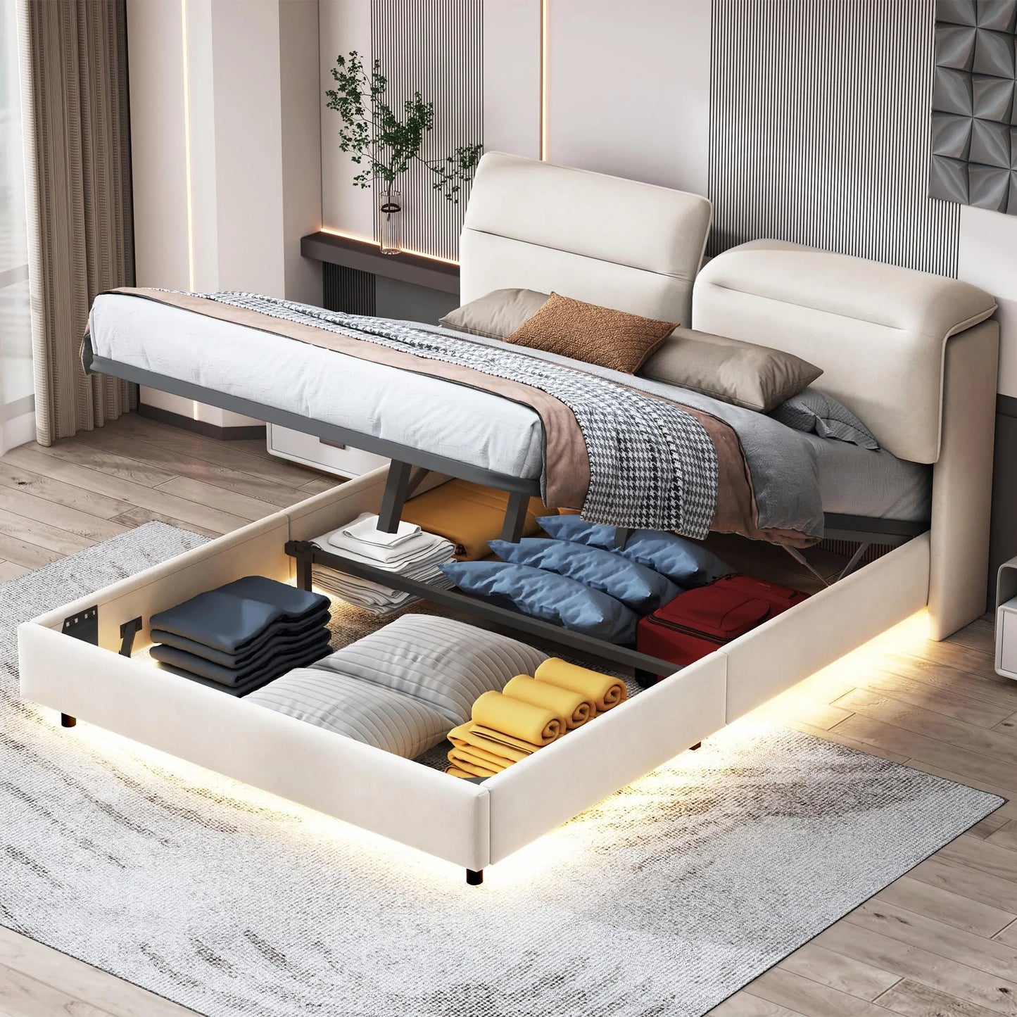 Lazyspace Samt gepolstertes Bett, Doppelbettrahmen, hydraulisches Bett mit Stauraum, verstellbarem Kopfteil und LED-Beleuchtung unter dem Bett