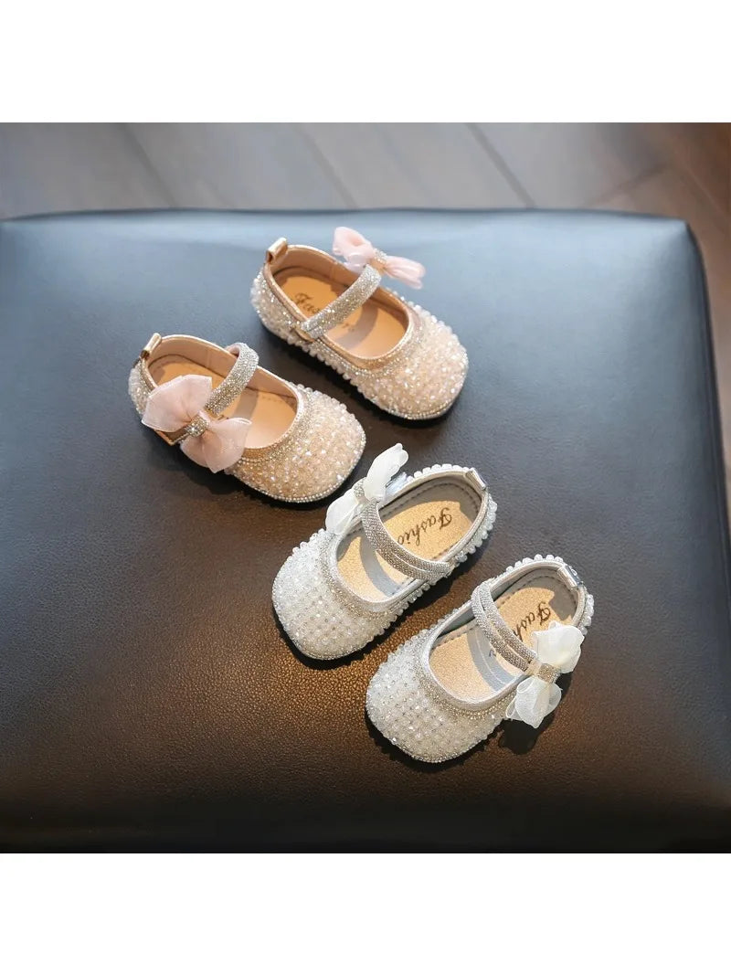 Girls Walking Shoes Lace Mesh Bows Kids Princess Shoes Non-slip Shiny Sequins 2025 New Children Flat Shoes Soft Sole Non-slip.