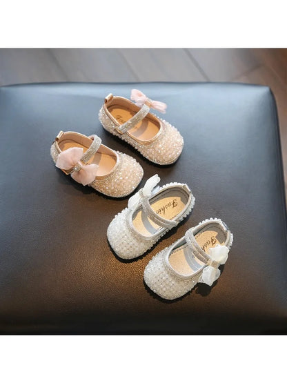 Girls Walking Shoes Lace Mesh Bows Kids Princess Shoes Non-slip Shiny Sequins 2025 New Children Flat Shoes Soft Sole Non-slip.