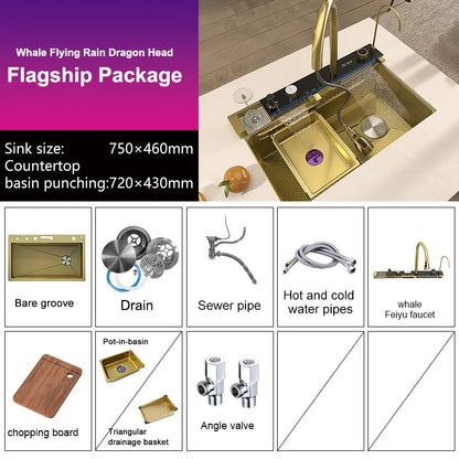 Golden Stainless Steel Kitchen Sink Waterfall Outlet Large Single Sink Digital Display Dishwashing and Vegetable Sinks