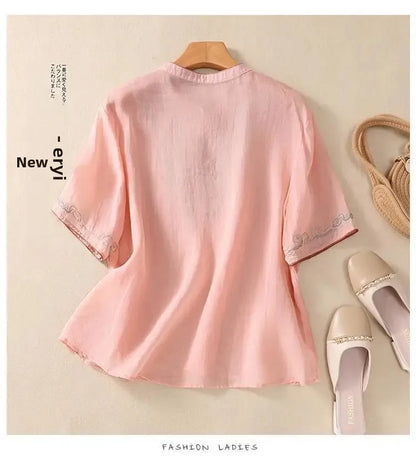 Retro Chinesischen Stil Lose Fit Baumwolle Leinen Kurzarm Shirt frauen Sommer Schwere Stickerei Abnehmen Top Flagge Kleid