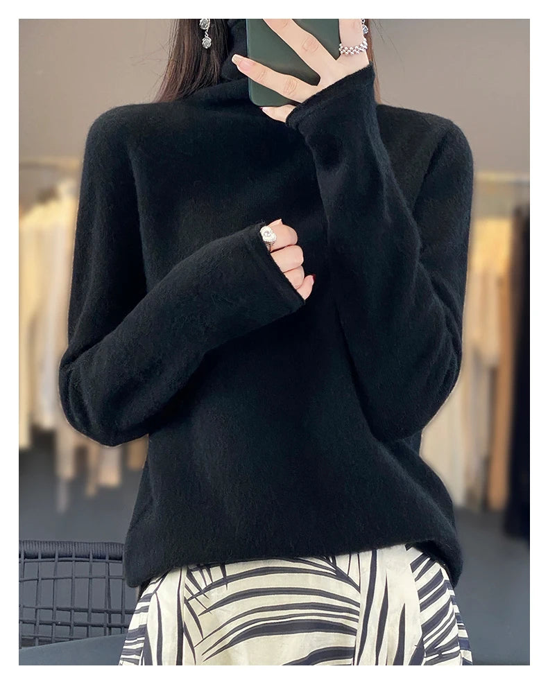 2025 100% Merino Wool Sweater Elegant Cashmere Pullover Women Pile Collar Long Sleeve Knitwear Basic Clothing  Jumper Tops