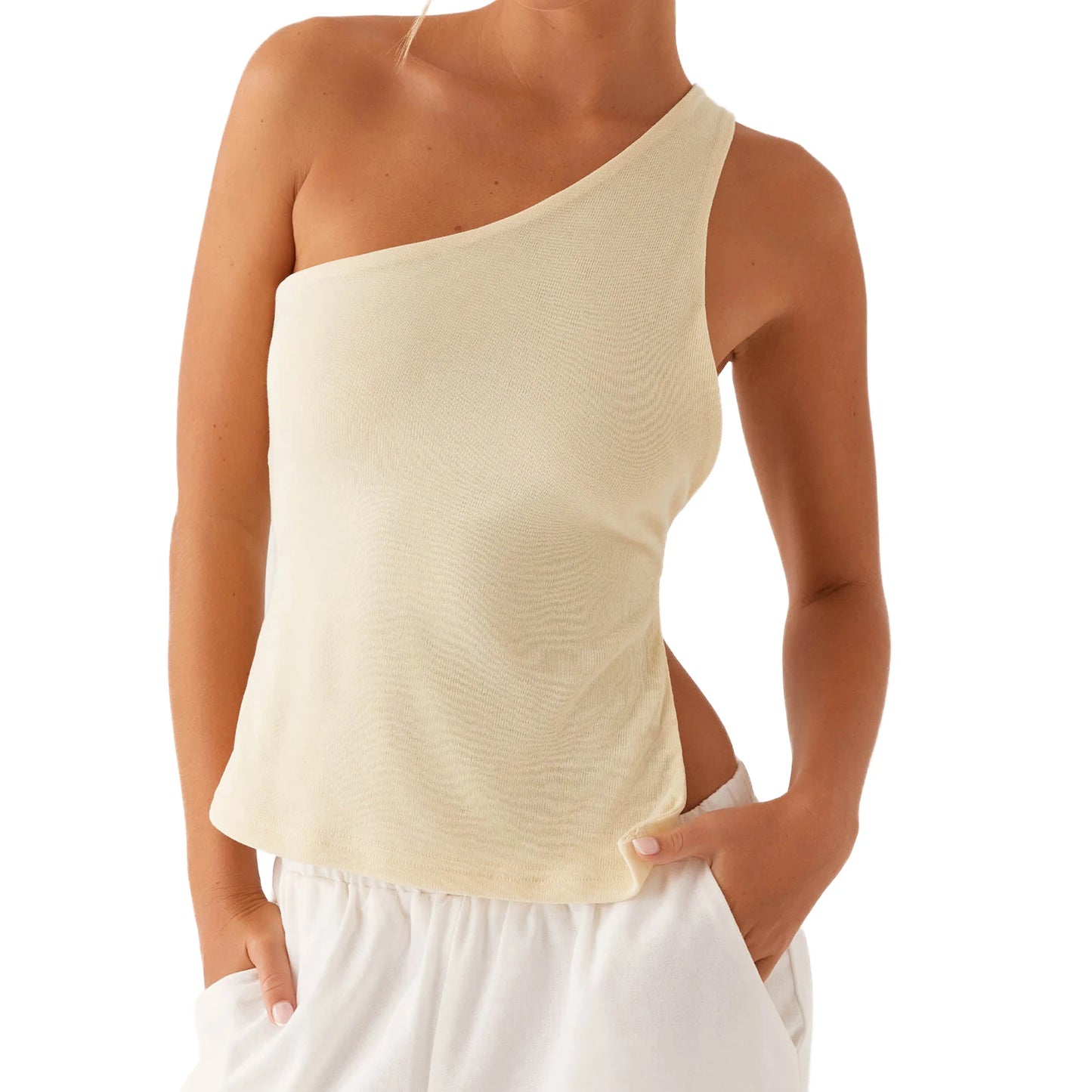 Off One Shoulder Tank Tops for Women Solid Stylish Side Tie Design Summer T-Shirt.