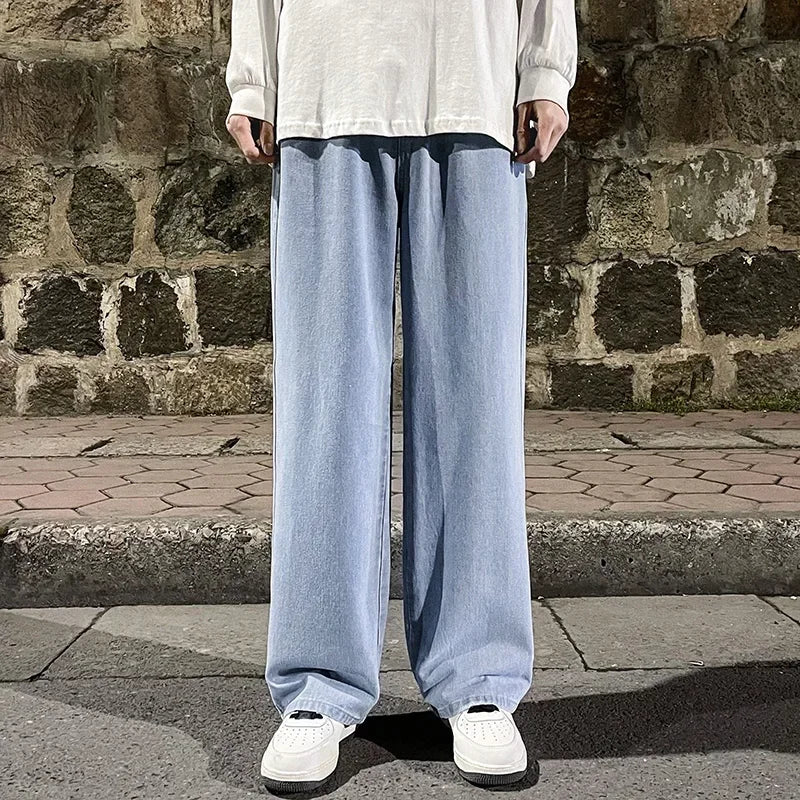 2024 New Men's Jeans Korean Casual Pants High Street Straight Student Loose Wide Black Grey Blue Baggy Denim Pants.