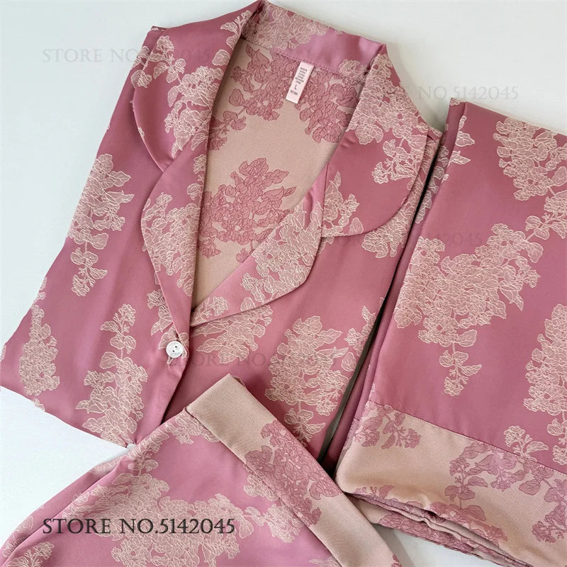 Chinese Style Print Flower 3PCS Pajamas Set Loungewear Summer New Women Sleepwear Short Sleeve Trouser Suit Silk Satin Homewear.