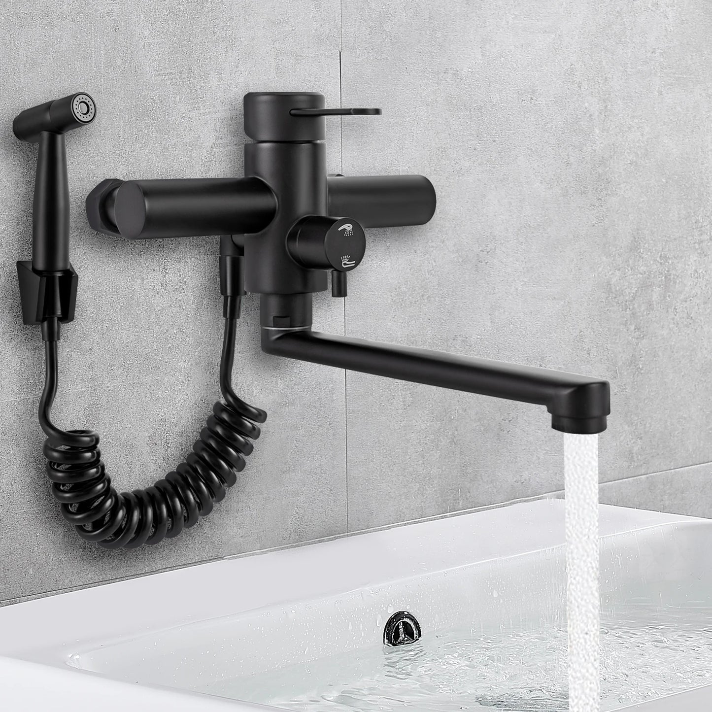 Wall-Mounted Kitchen Mixer Tap with Sprayer, 360° Swivel Stainless Steel Spout & Anti-Leak Design for Sink/Laundry, Black/Silver