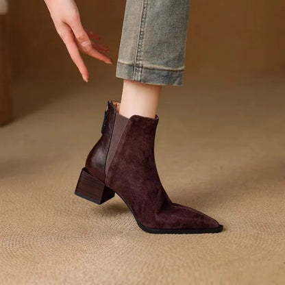 Autumn Winter Women Thick Heel Ankle Boots Elegant Back Zippers Shoes Modern Leather Suede Splicing Short Botas Para Mujer.